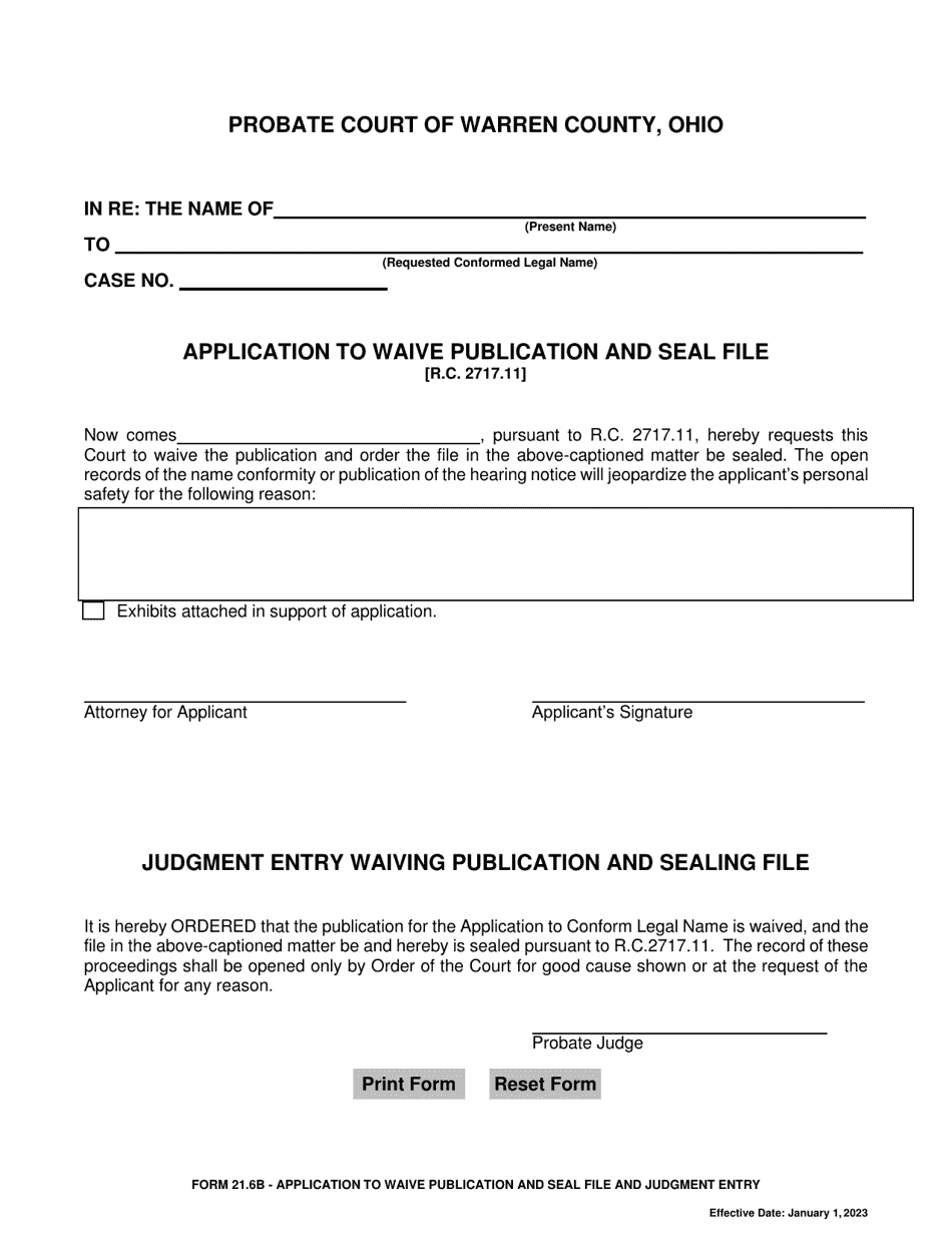 Form 21.6B Application to Waive Publication and Seal File and Judgment Entry - Warren County, Ohio, Page 1