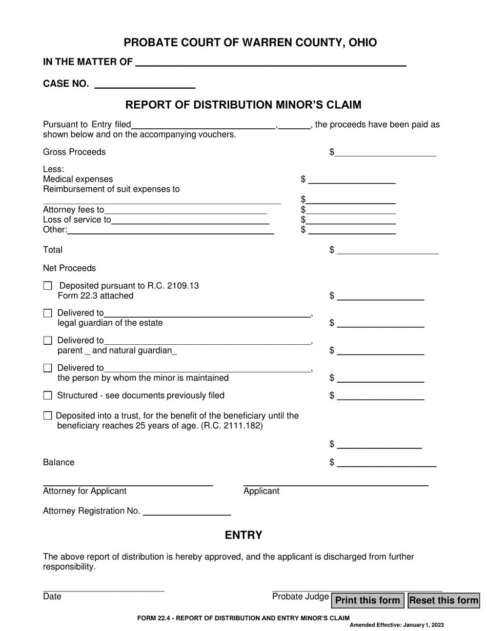 Form 22.4 Report of Distribution Minors Claim - Warren County, Ohio, Page 1