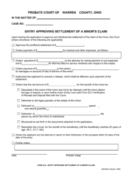 Document preview: Form 22.2 Entry Approving Settlement of a Minor's Claim - Warren County, Ohio