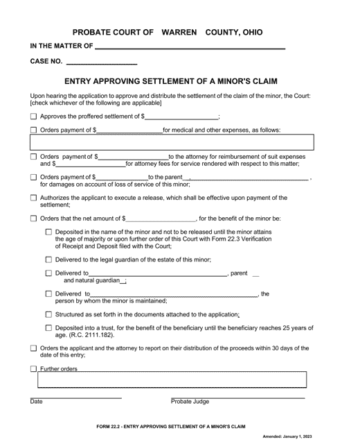 Form 22.2 Entry Approving Settlement of a Minor's Claim - Warren County, Ohio