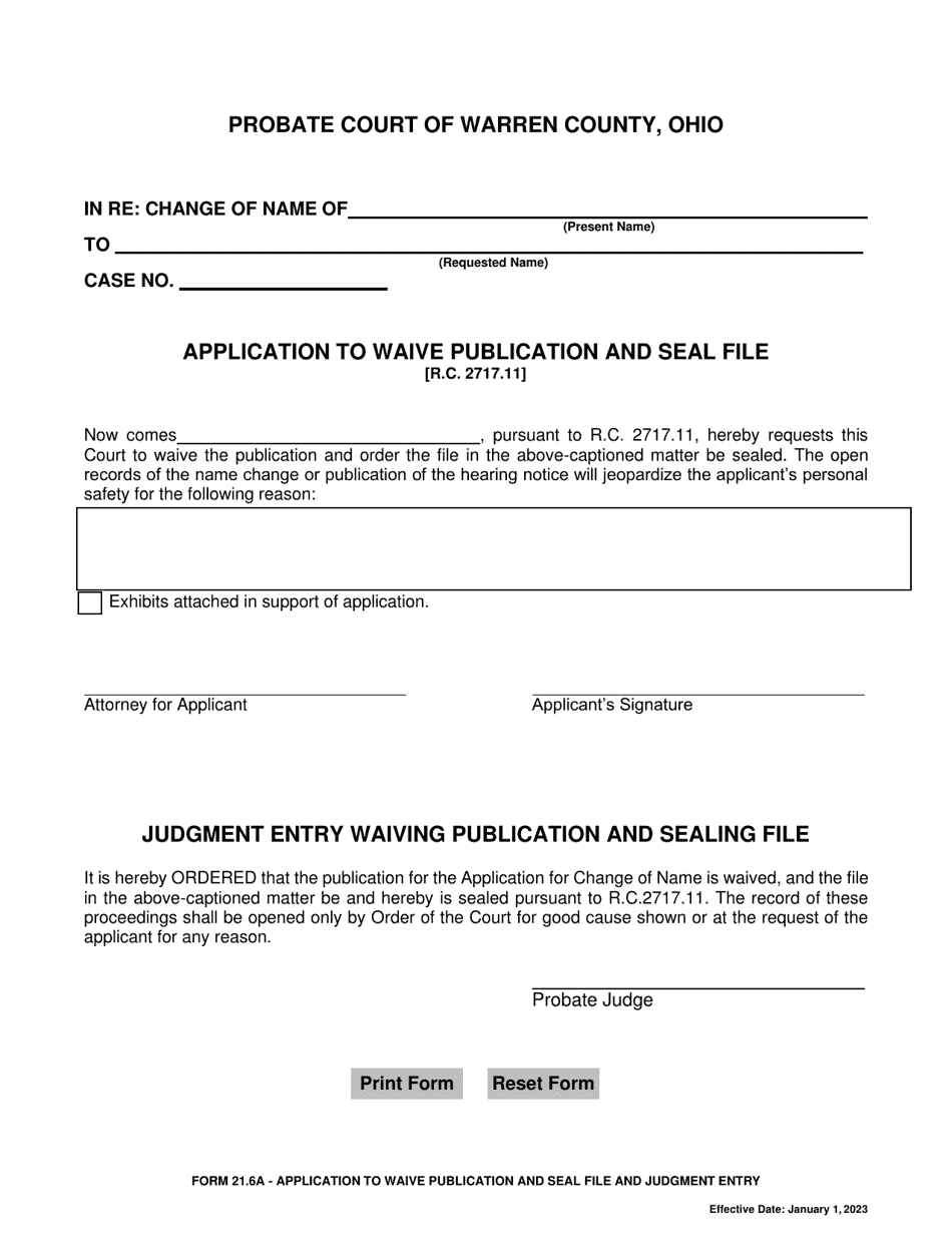 Form 21.6A Application to Waive Publication and Seal File and Judgment Entry - Warren County, Ohio, Page 1