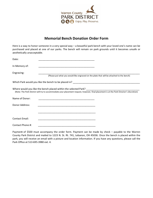 Memorial Bench Donation Order Form - Warren County, Ohio Download Pdf