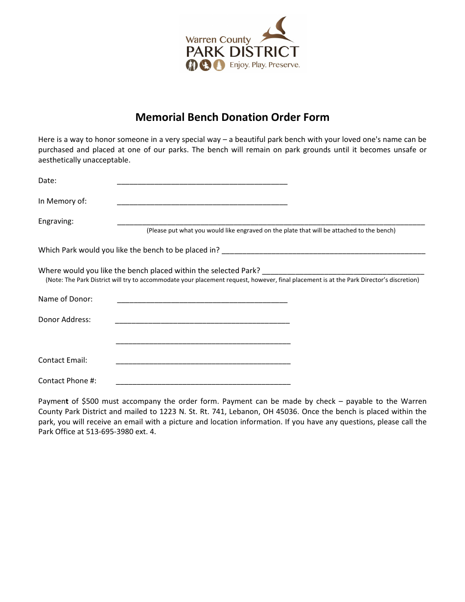 Memorial Bench Donation Order Form - Warren County, Ohio, Page 1