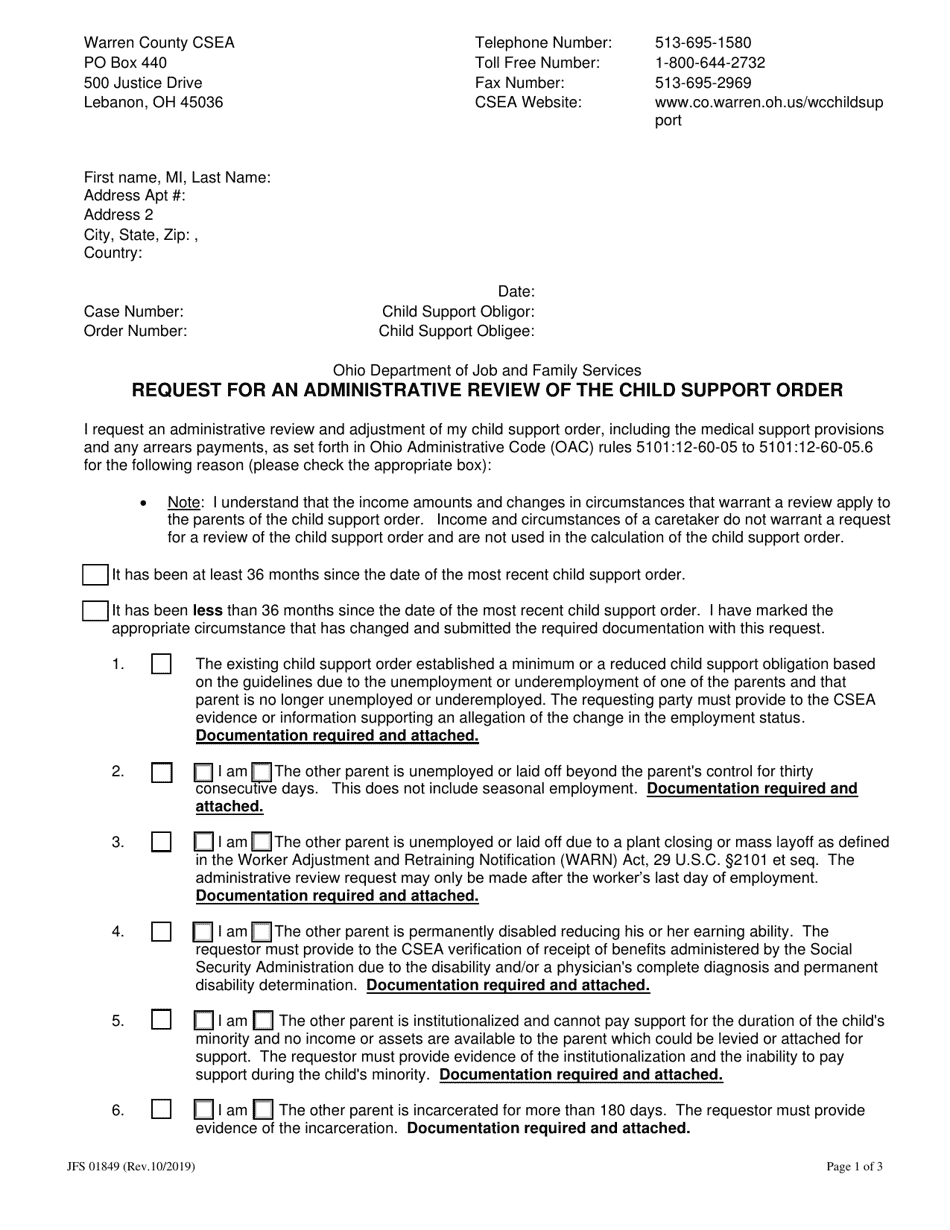 Form JFS01849 Request for an Administrative Review of the Child Support Order - Warren County, Ohio, Page 1