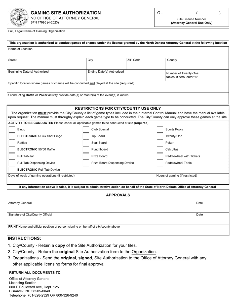 Form Sfn17996 Download Fillable Pdf Or Fill Online Gaming Site Authorization North Dakota 2018 5498