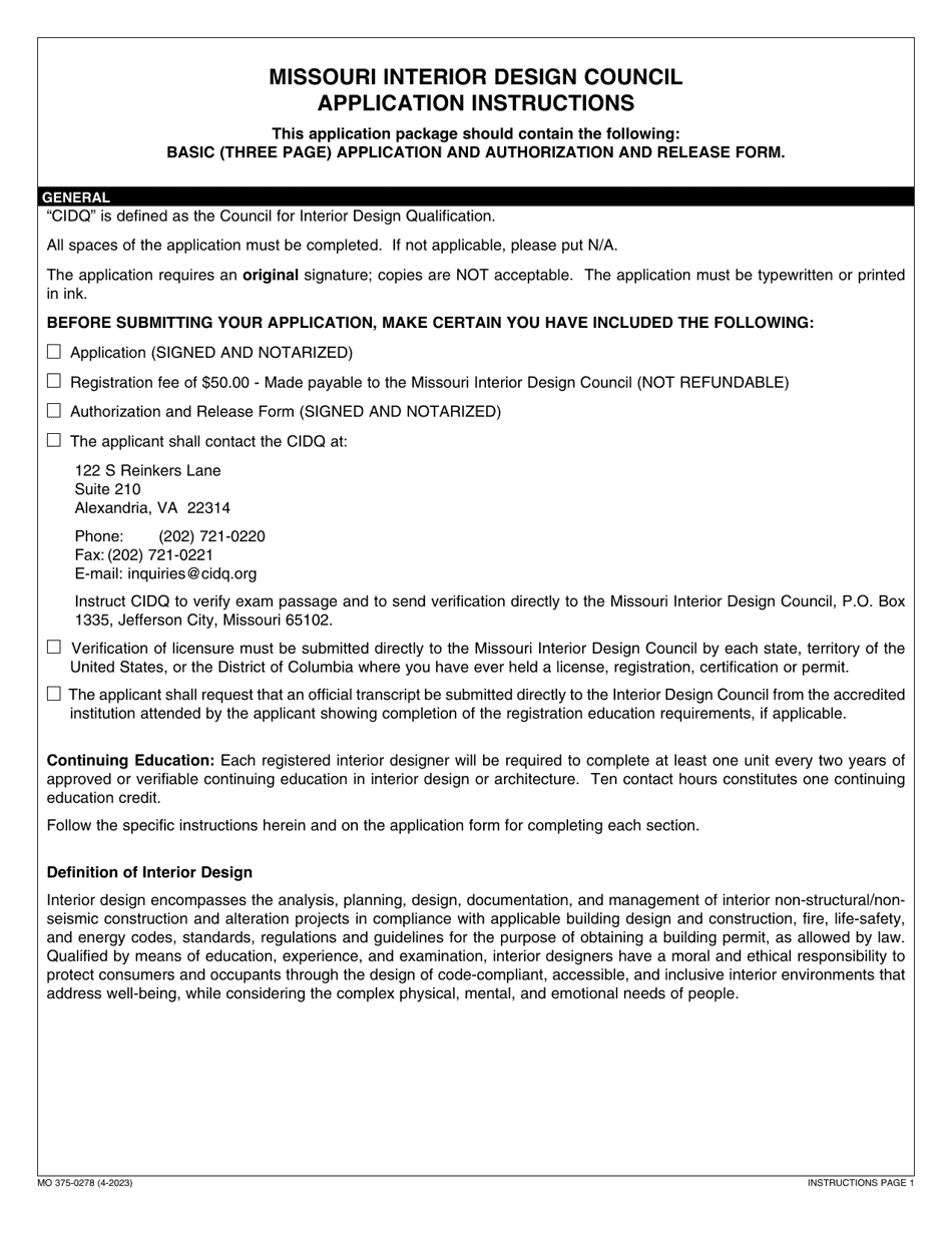 Form MO375-0278 Application for Registration of Interior Designers - Missouri, Page 1