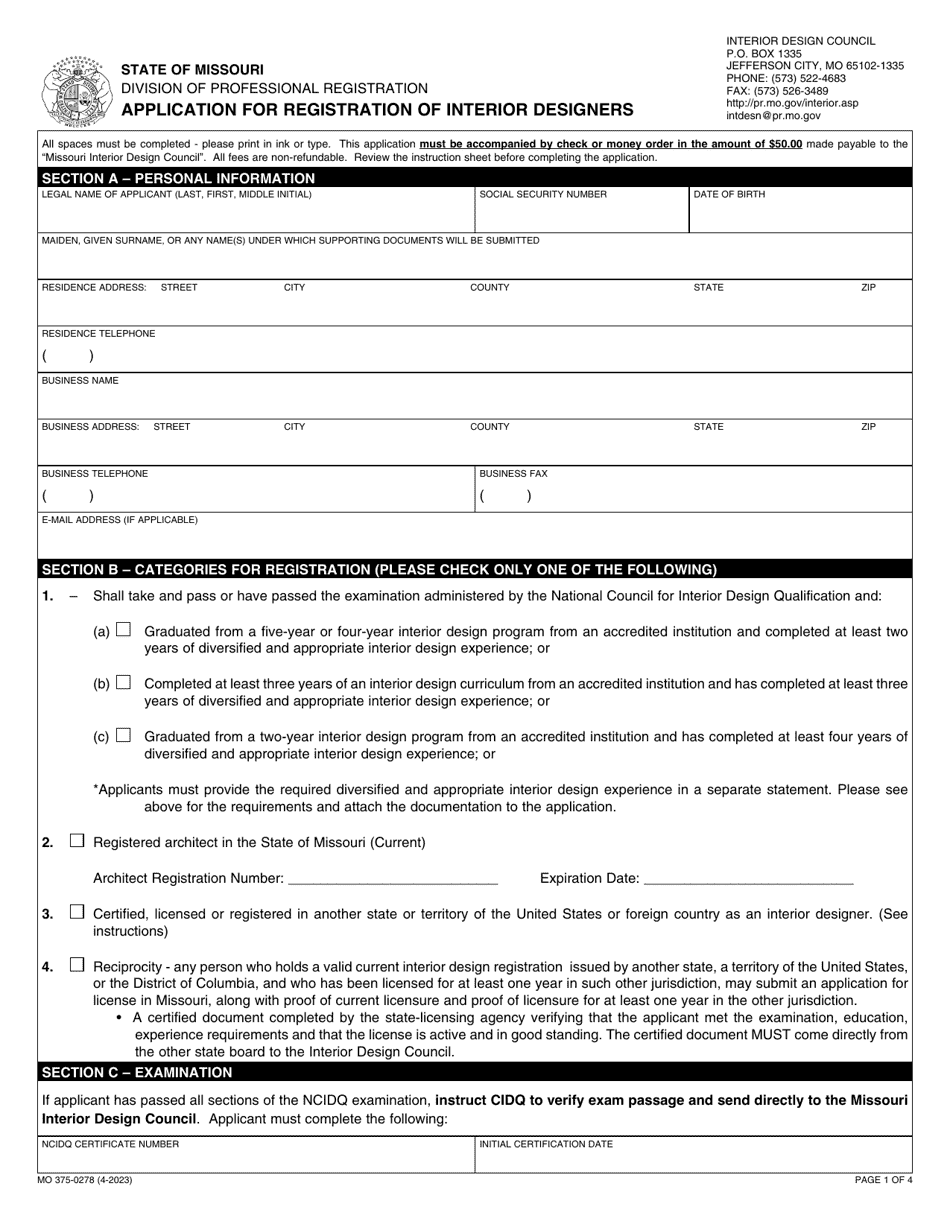 Form MO375-0278 Application for Registration of Interior Designers - Missouri, Page 2