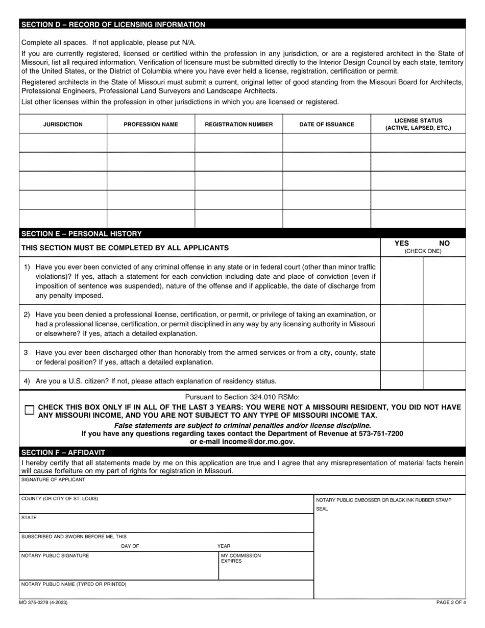 Form MO375-0278 Application for Registration of Interior Designers - Missouri, Page 3