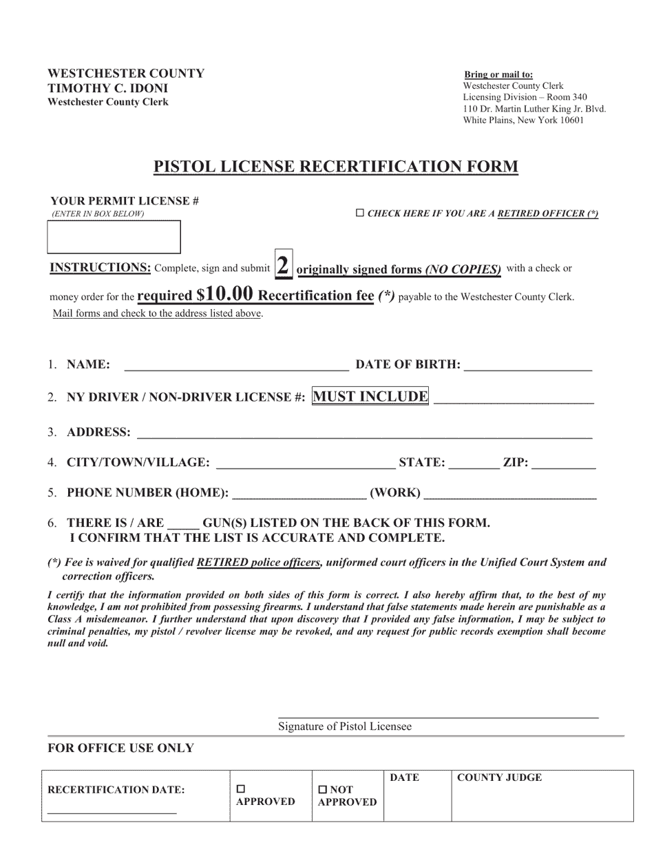 Pistol License Recertification Form - Westchester County, New York, Page 1