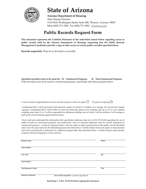 Public Records Request Form - Arizona Download Pdf
