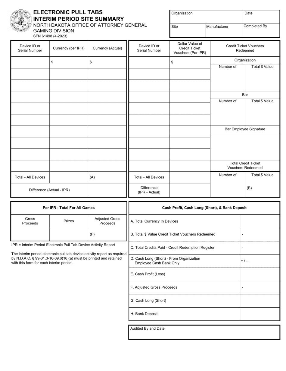 Form SFN61498 Download Fillable PDF or Fill Online Electronic Pull Tabs
