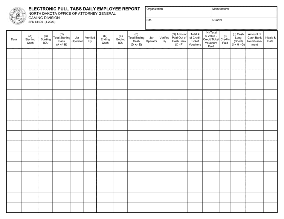 Form SFN61496 Electronic Pull Tabs Daily Employee Report - North Dakota, Page 1