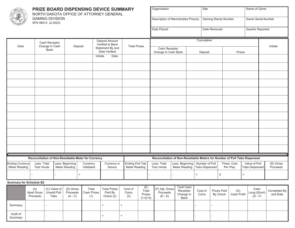 Form SFN58514 Prize Board Dispensing Device Summary - North Dakota, Page 1