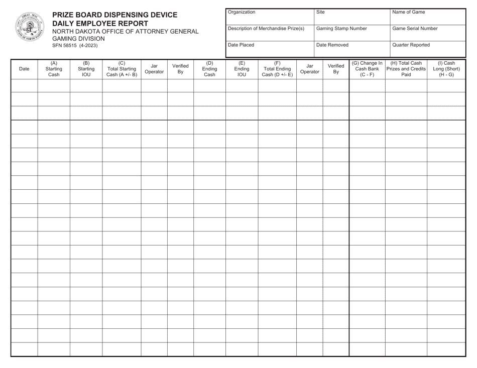 Form SFN58515 Prize Board Dispensing Device Daily Employee Report - North Dakota, Page 1