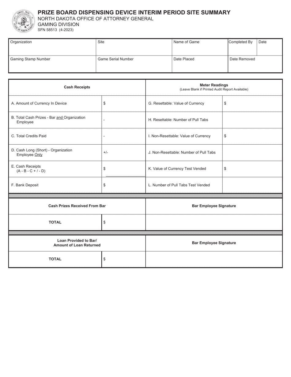 Form SFN58513 Prize Board Dispensing Device Interim Period Site Summary - North Dakota, Page 1