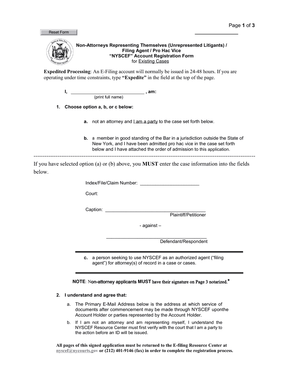 Non-attorneys Representing Themselves (Unrepresented Litigants) Filling Agent / Pro Hac Vice nyscef Account Registration Form for Existing Cases - New York, Page 1