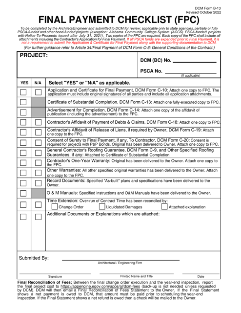 DCM Form B-13 Final Payment Checklist (Fpc) - Alabama