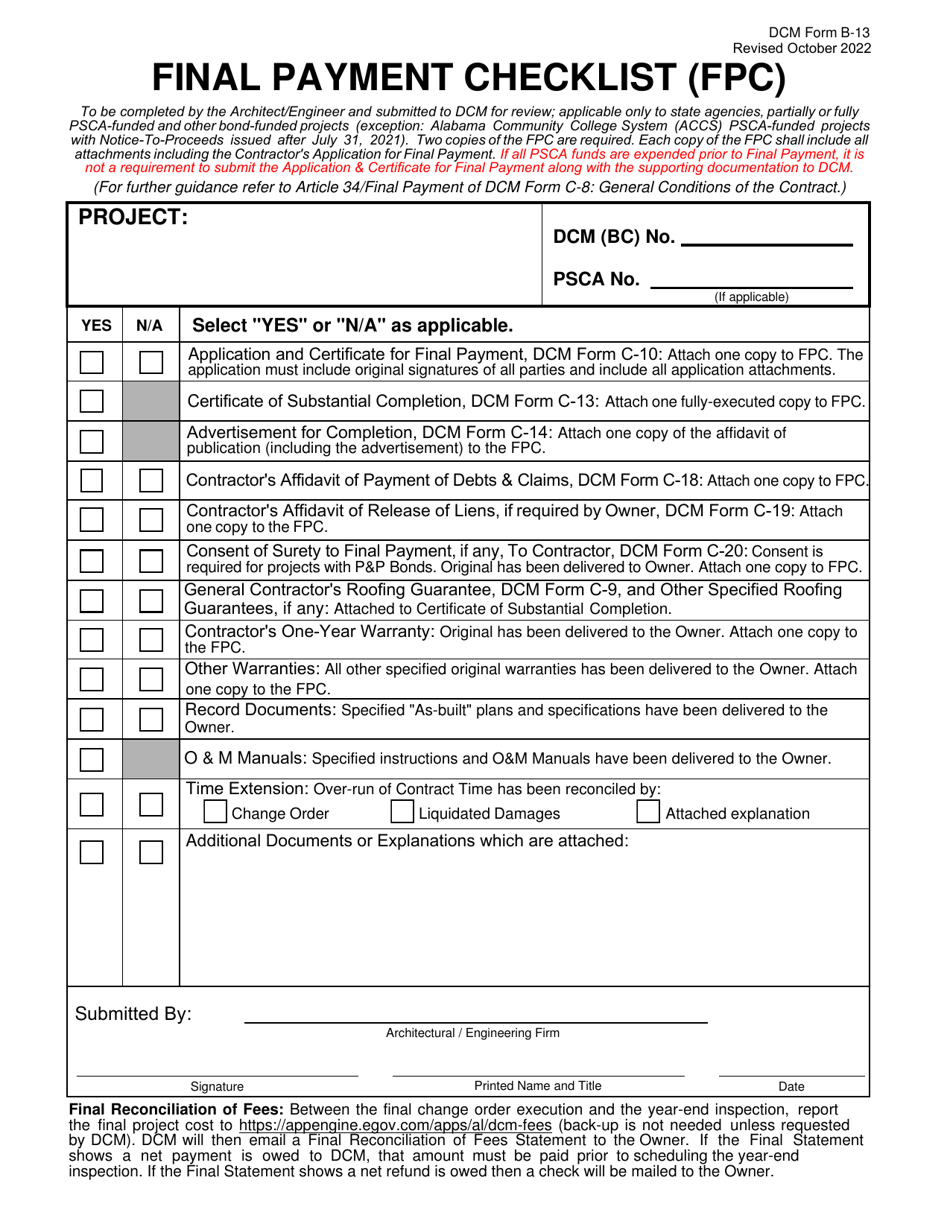 DCM Form B-13 Final Payment Checklist (Fpc) - Alabama, Page 1