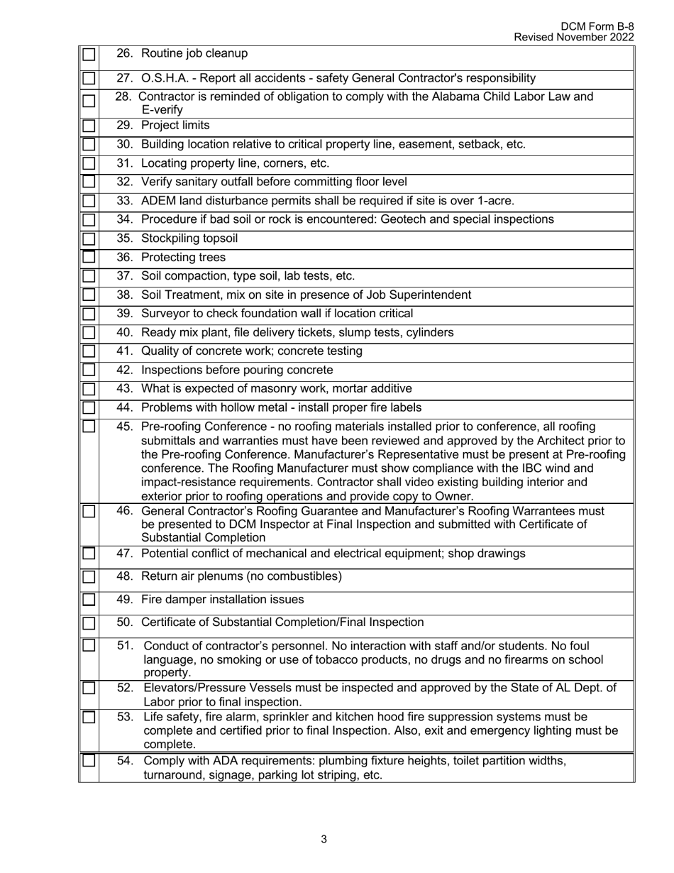 DCM Form B-8 Pre-construction Conference Checklist - Alabama, Page 3