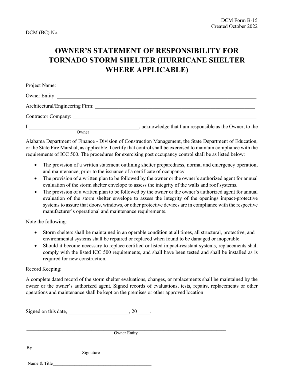 DCM Form B-15 Owners Statement of Responsibility for Tornado Storm Shelter (Hurricane Shelter Where Applicable) - Alabama, Page 1