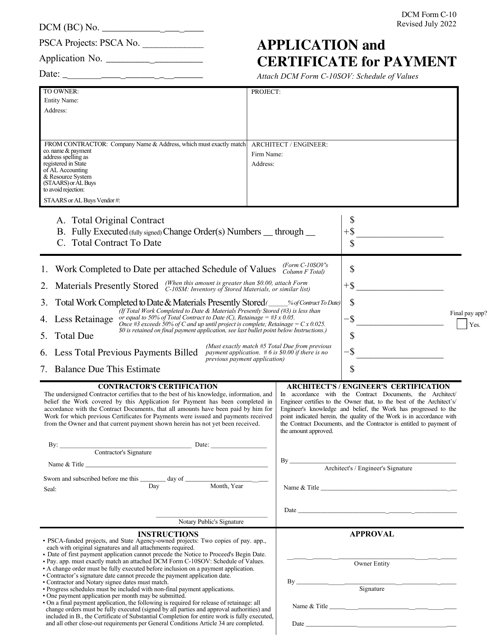 DCM Form C-10 Application and Certificate for Payment - Alabama