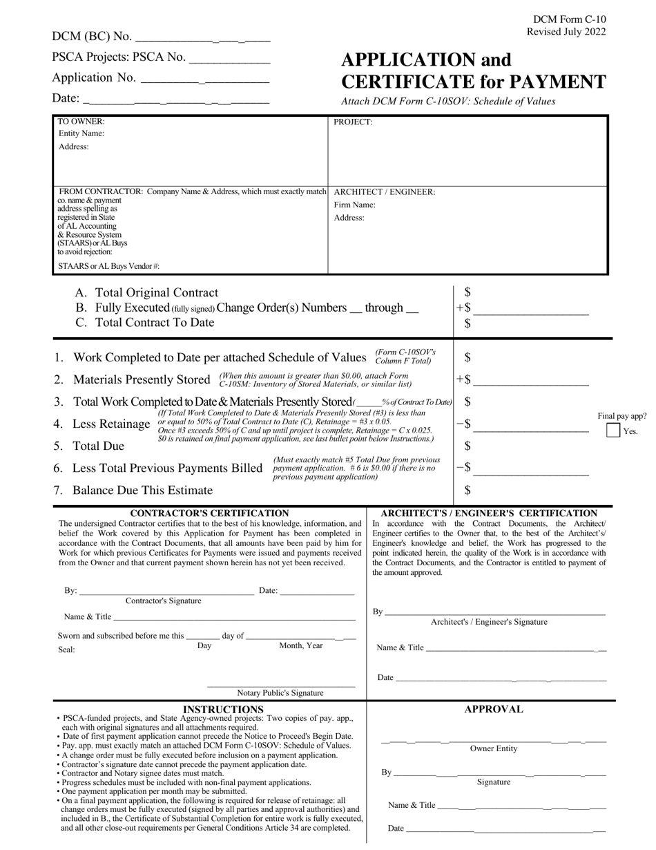 DCM Form C-10 Application and Certificate for Payment - Alabama, Page 1