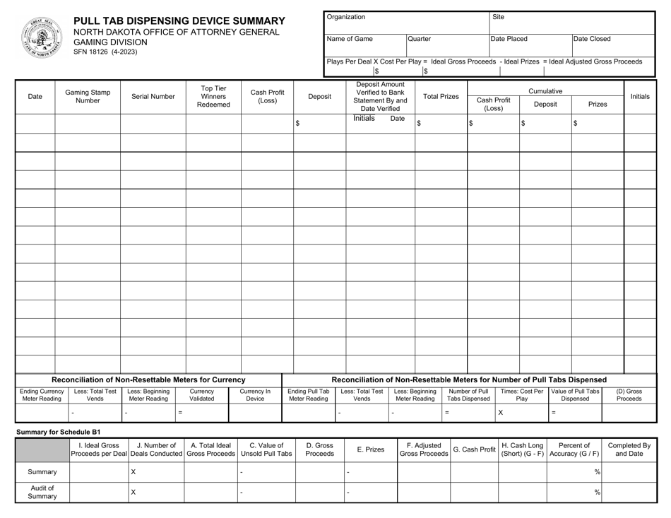 Form SFN18126 Pull Tab Dispensing Device Summary - North Dakota, Page 1