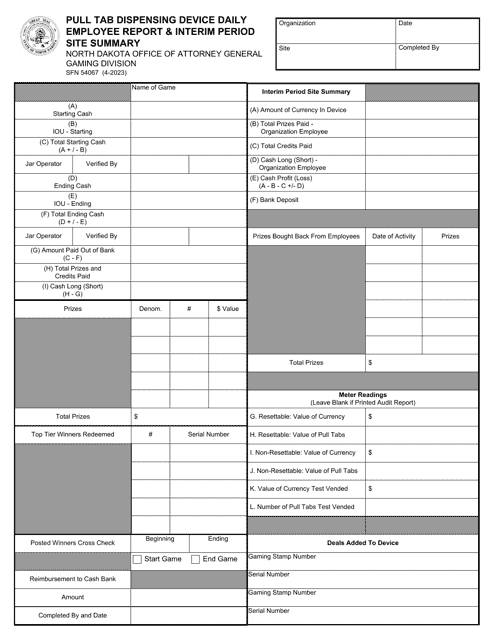Form SFN54067 Pull Tab Dispensing Device Daily Employee Report & Interim Period Site Summary - North Dakota