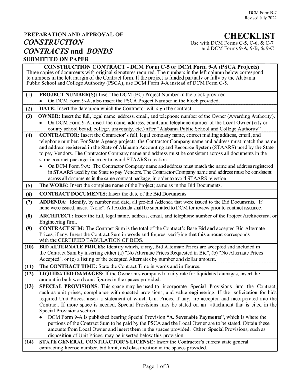 DCM Form B-7 Checklist - Preparation and Approval of Construction Contracts and Bonds Submitted on Paper - Alabama, Page 1
