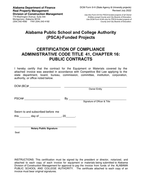 DCM Form 9-H Certification of Compliance - Administrative Code Title 41, Chapter 16: Public Contracts - Alabama Public School and College Authority (Psca)-funded Projects - Alabama