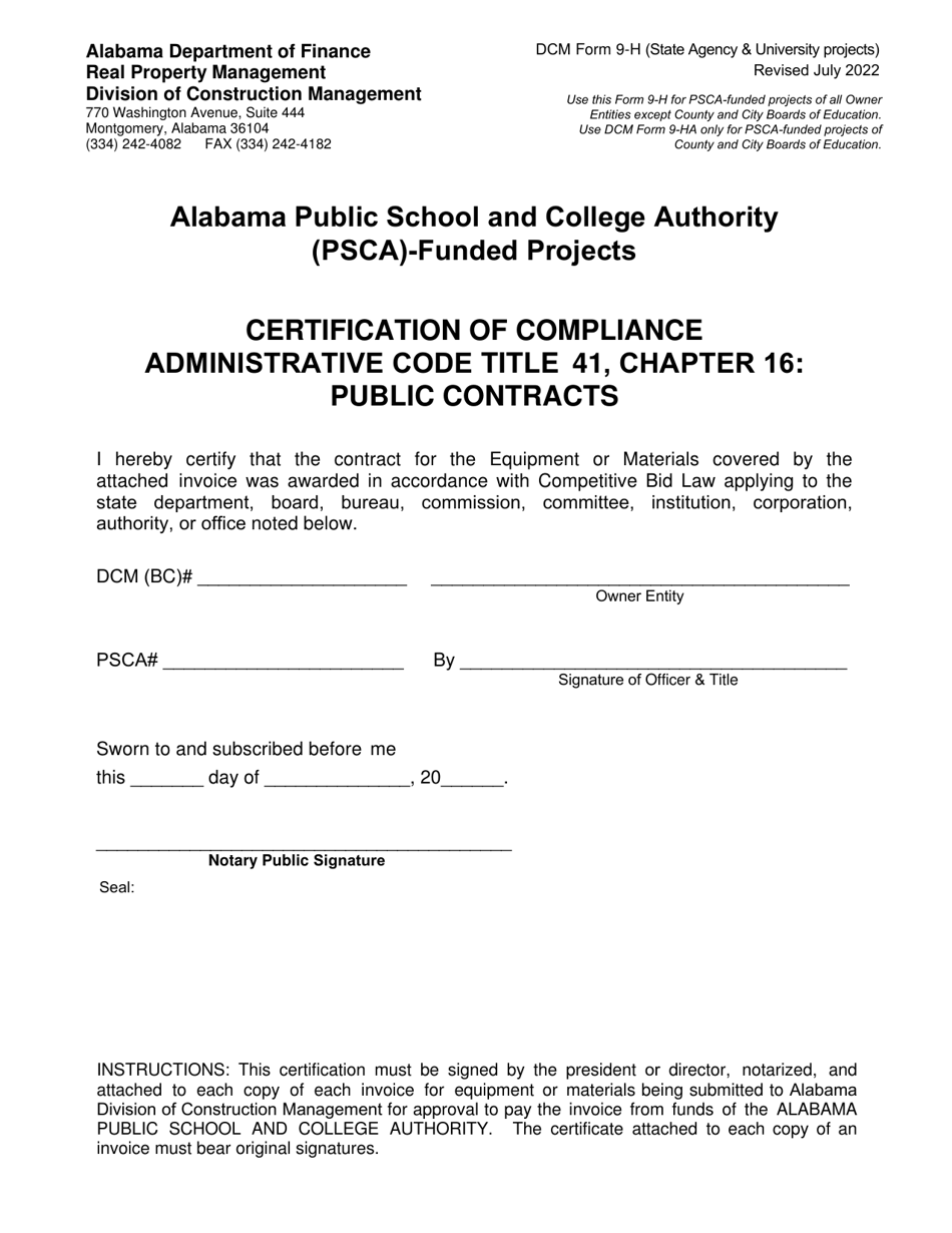 DCM Form 9-H Certification of Compliance - Administrative Code Title 41, Chapter 16: Public Contracts - Alabama Public School and College Authority (Psca)-funded Projects - Alabama, Page 1