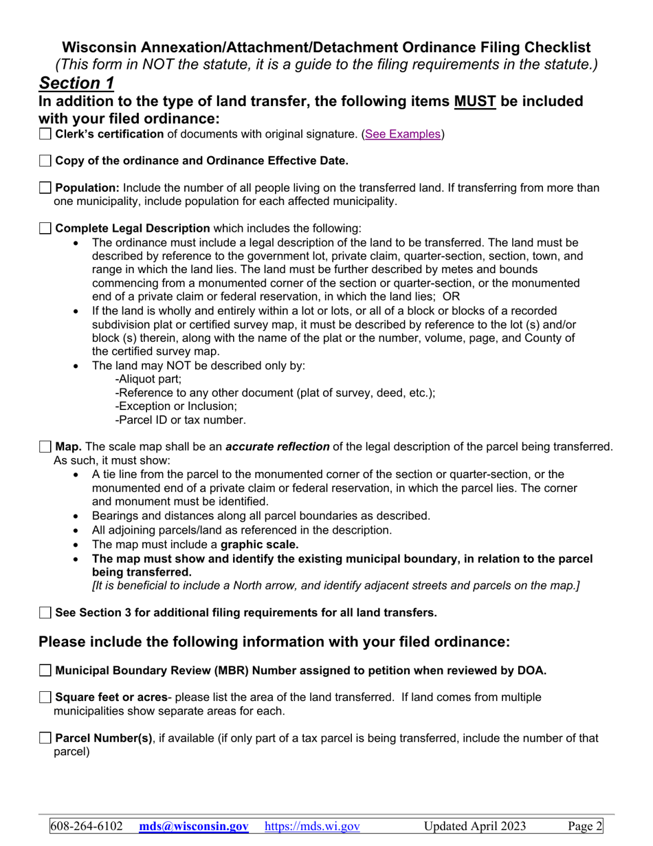 Wisconsin Annexation / Attachment / Detachment Ordinance Filing Checklist - Wisconsin, Page 2