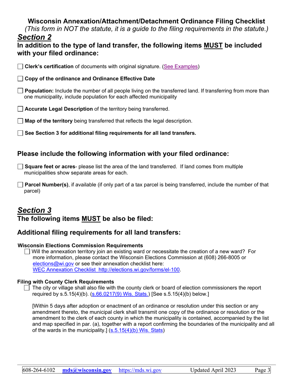 Wisconsin Annexation / Attachment / Detachment Ordinance Filing Checklist - Wisconsin, Page 3