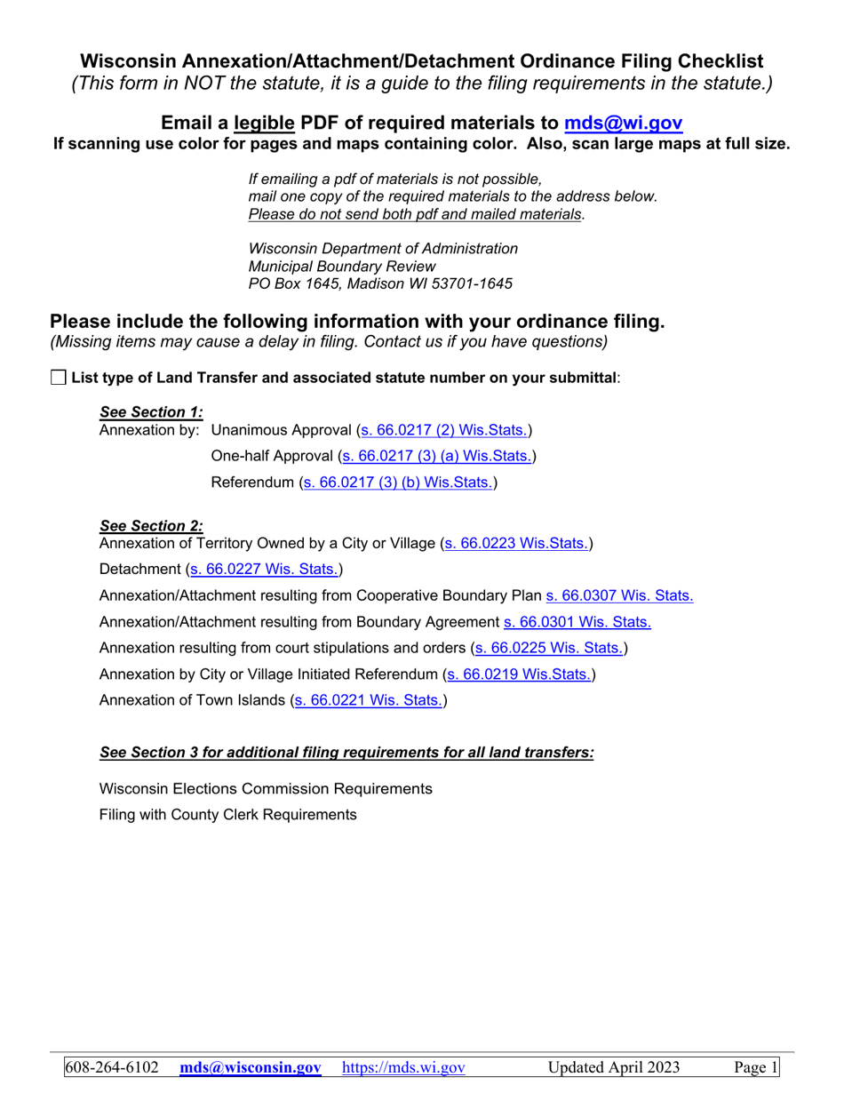 Wisconsin Wisconsin Annexation/Attachment/Detachment Ordinance Filing