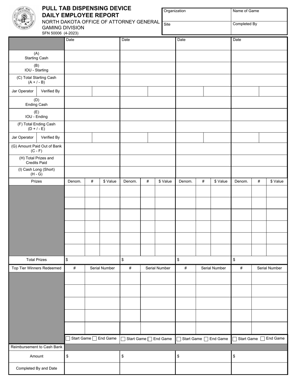 Form SFN50006 Download Fillable PDF or Fill Online Pull Tab Dispensing ...