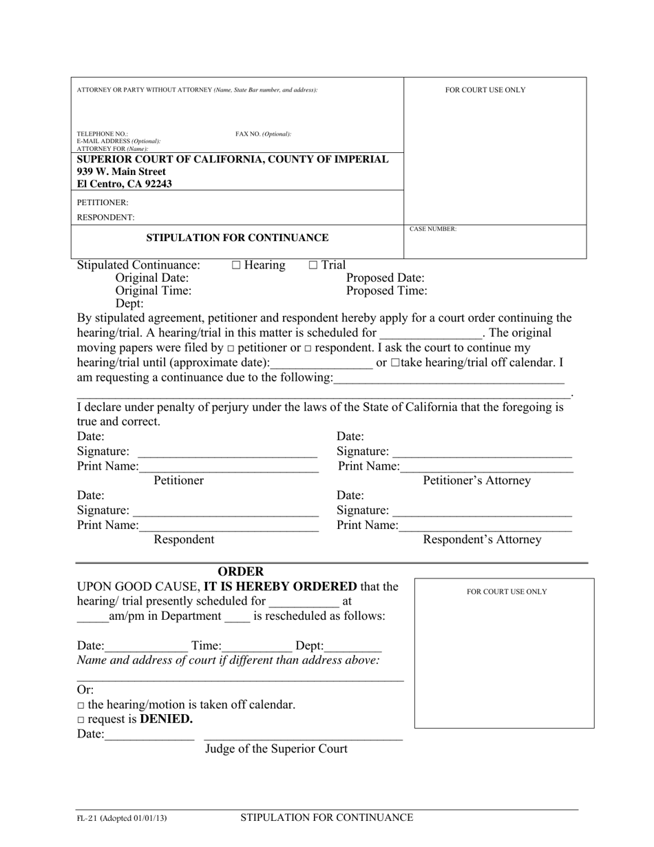 Form FL-21 Stipulation for Continuance - Imperial County, California, Page 1