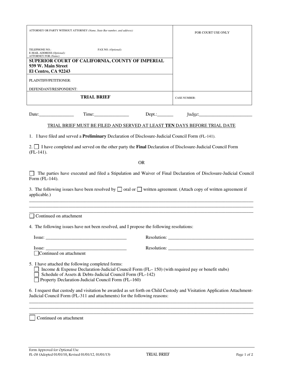 Form FL-08 Trial Brief - Imperial County, California, Page 1