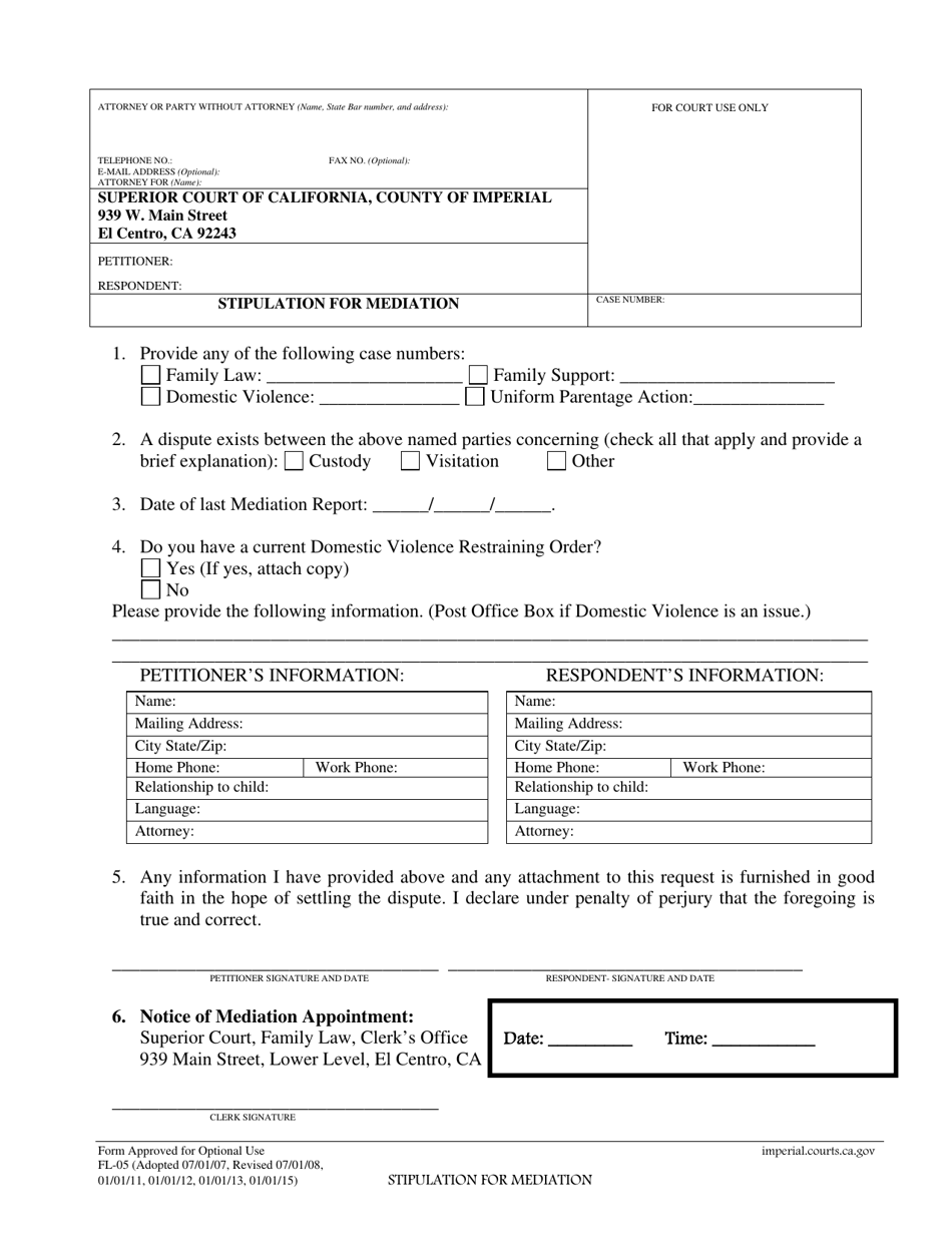Form FL-05 Stipulation for Mediation - Imperial County, California, Page 1