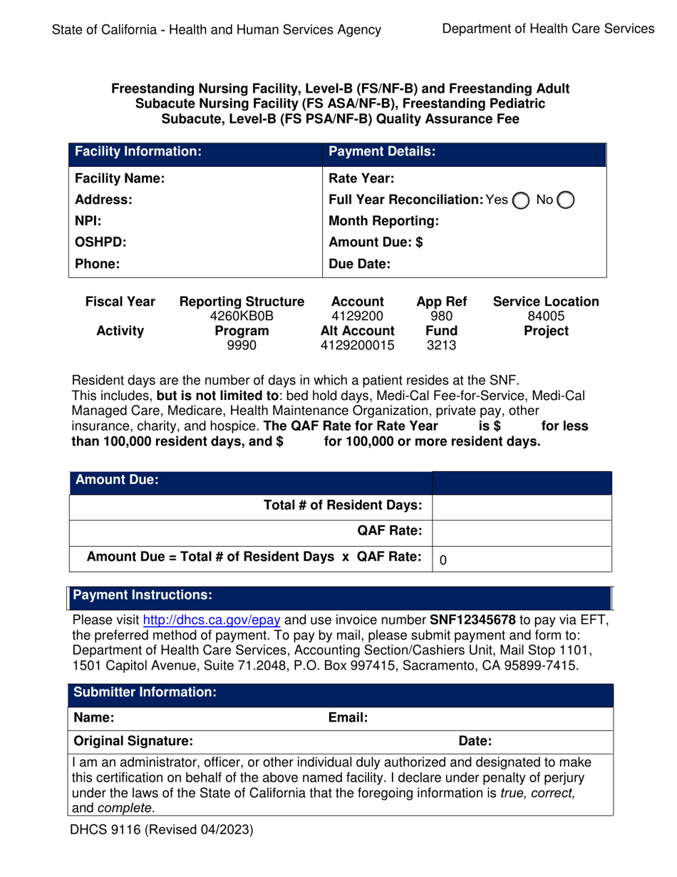 Form DHCS9116 Freestanding Nursing Facility, Level-B (Fs / Nf-B) and Freestanding Adult Subacute Nursing Facility (Fs Asa / Nf-B), Freestanding Pediatric Subacute, Level-B (Fs Psa / Nf-B) Quality Assurance Fee - California, Page 1