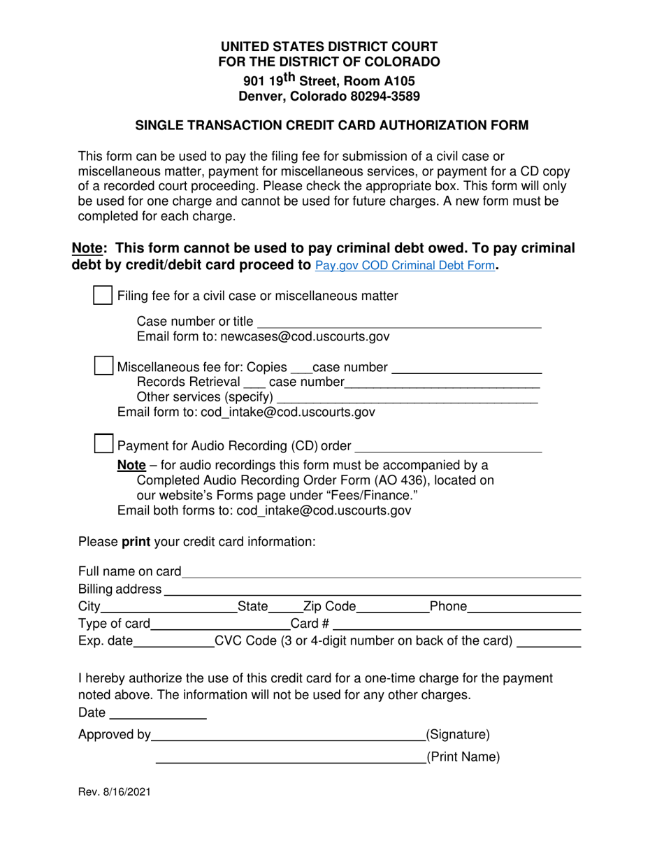 Colorado Single Transaction Credit Card Authorization Form - Fill Out ...