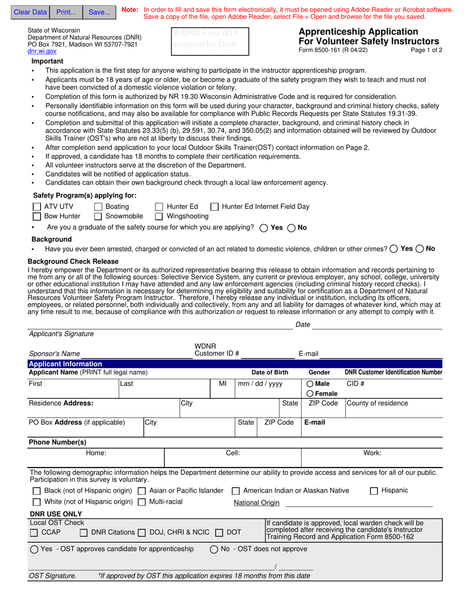 Form 8500-161 Apprenticeship Application for Volunteer Safety Instructors - Wisconsin, Page 1