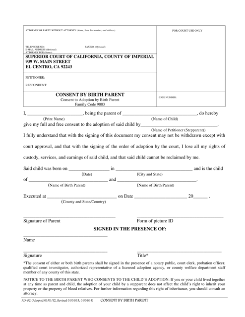 Form AD-02 Consent by Birth Parent - Imperial County, California