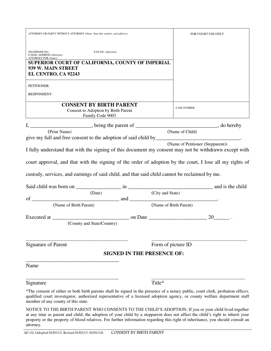 Form AD-02 Consent by Birth Parent - Imperial County, California, Page 1