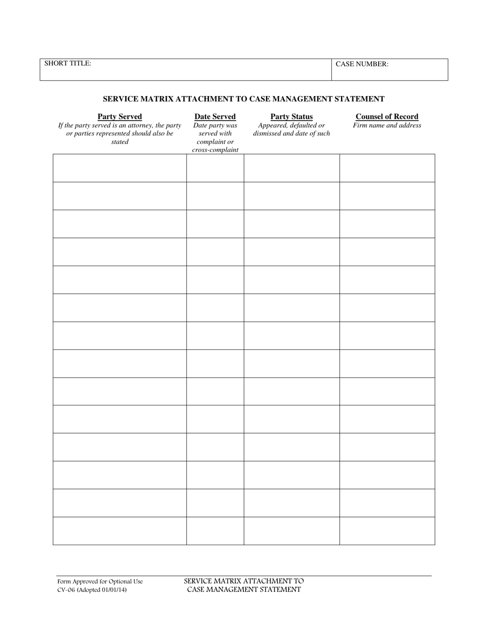 Form CV-06 Service Matrix Attachment to Case Management Statement - Imperial County, California, Page 1