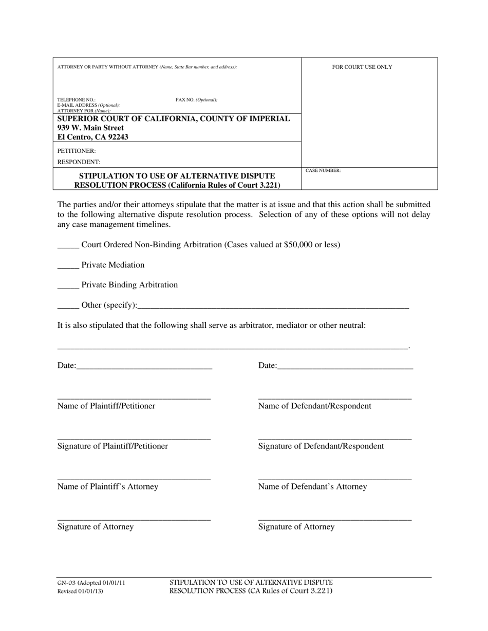 Form GN-03 Stipulation to Use of Alternative Dispute Resolution Process (California Rules of Court 3.221) - Imperial County, California, Page 1