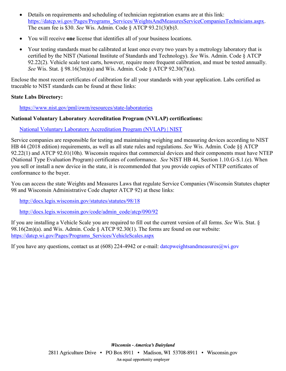 Form TR-WM-54 Weights and Measures Service Company License Application - Wisconsin, Page 2