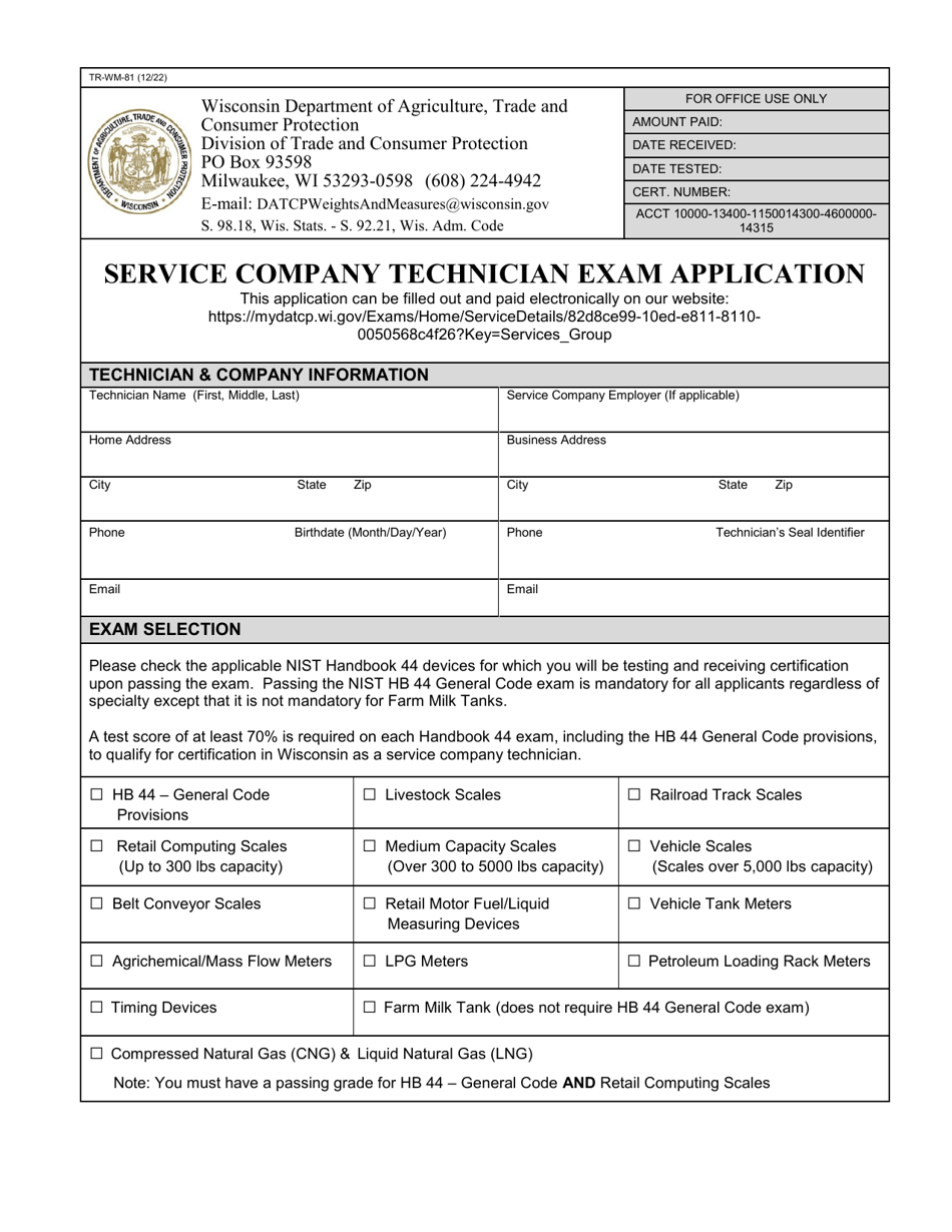 Form TR-WM-81 Service Company Technician Exam Application - Wisconsin, Page 1