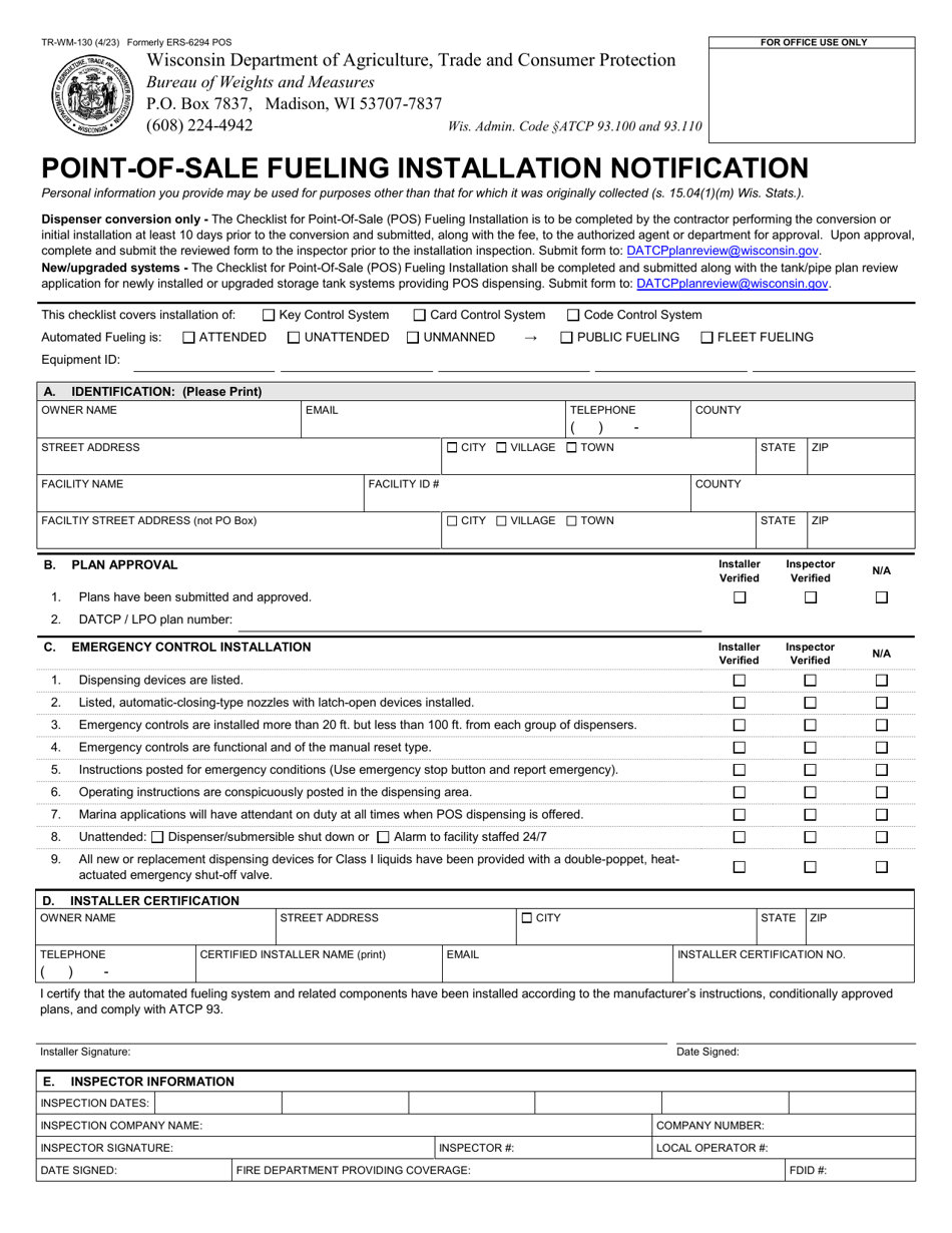 Form TR-WM-130 Point-Of-Sale Fueling Installation Notification - Wisconsin, Page 1