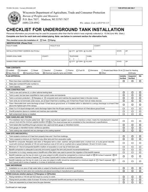 Form TR-WM-138 Checklist for Underground Tank Installation - Wisconsin