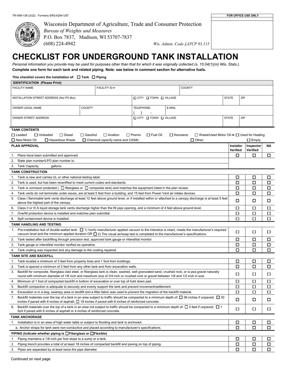 Form TR-WM-138 Checklist for Underground Tank Installation - Wisconsin, Page 1